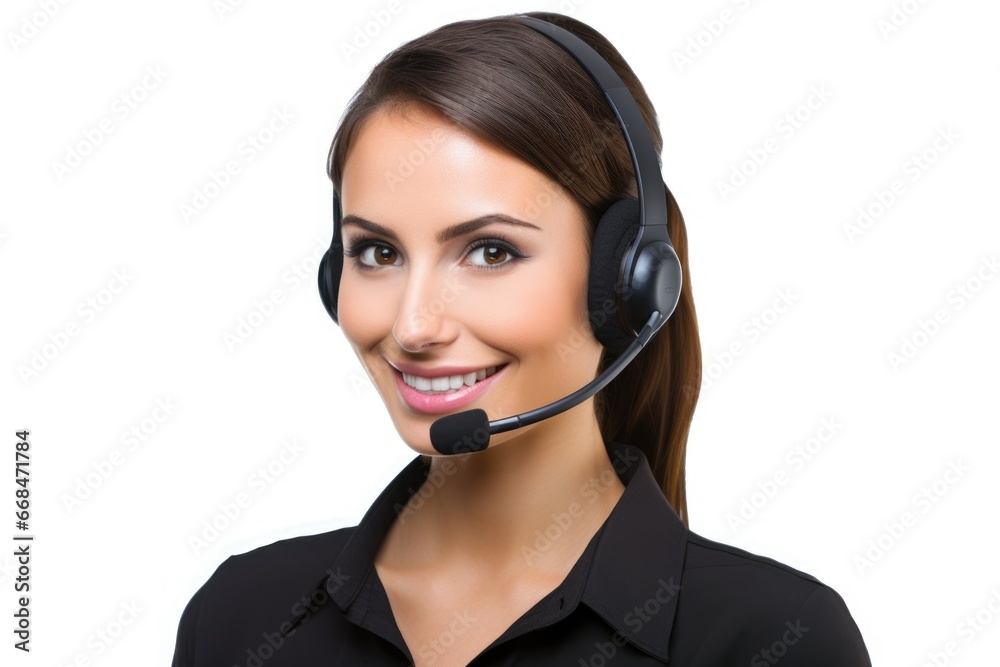 Portrait of a woman working in customer service at a call center, white backgroud . Generative AI. Portrait of a woman working in customer service at a call center, white backgroud . Generative AI.