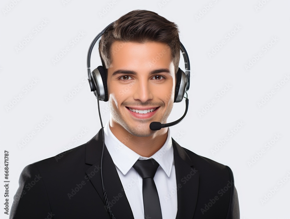 Portrait of a woman working in customer service at a call center, white backgroud . Generative AI. Portrait of a woman working in customer service at a call center, white backgroud . Generative AI.