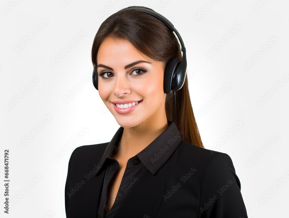 Portrait of a woman working in customer service at a call center, white backgroud . Generative AI. Portrait of a woman working in customer service at a call center, white backgroud . Generative AI.