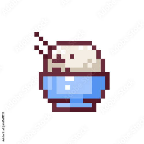 Pixel Art Rice Bowl. Retro 8 bit Style Popular Asian Food Illustration. Rice in Plate with Chopsticks. Ideal for Sticker, Retro Decorative Element, Game Asset, Emoji, Patch, Avatar.	