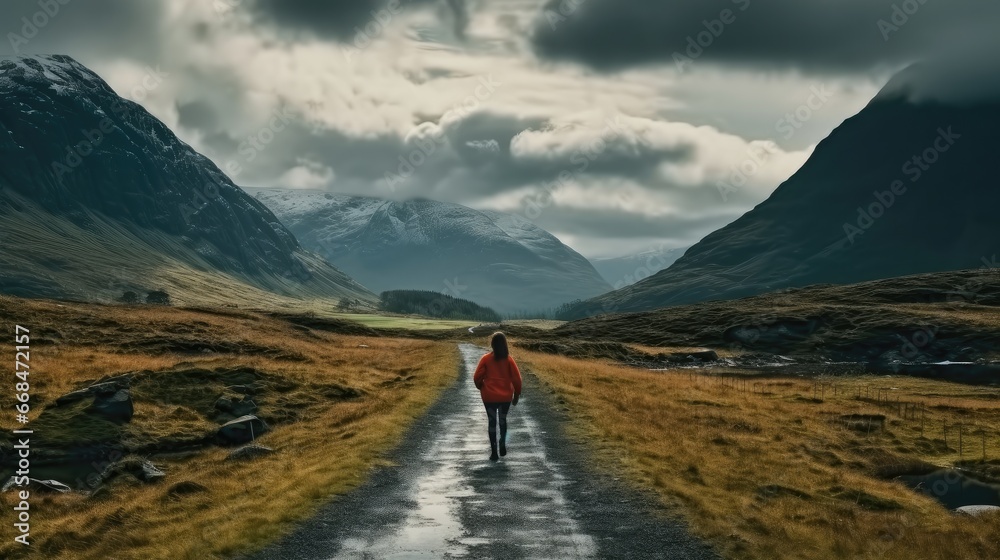 Woman walking alone in the highlands on mountain.