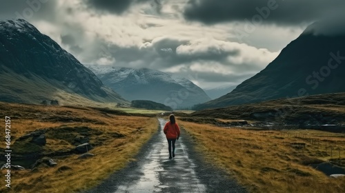 Woman walking alone in the highlands on mountain. © visoot