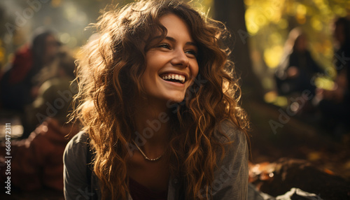 Young woman with brown hair smiling outdoors, enjoying nature generated by AI