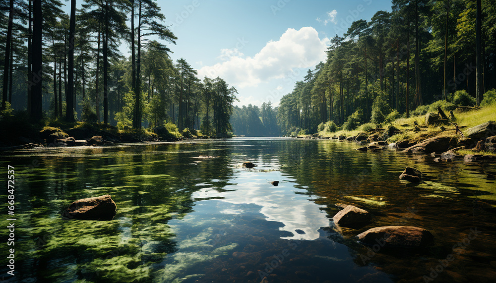 Naklejka premium Tranquil scene nature beauty reflects in the peaceful pond generated by AI