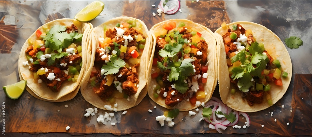 row of mexican street tacos with carne asada and al pastor in corn ...