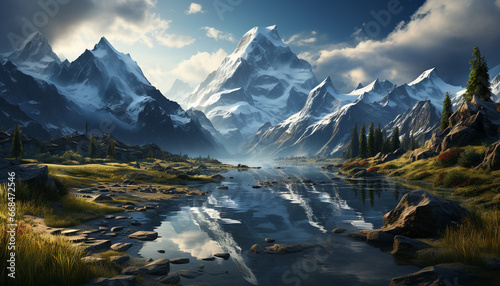 Majestic mountain peak reflects tranquil sky in serene nature generated by AI