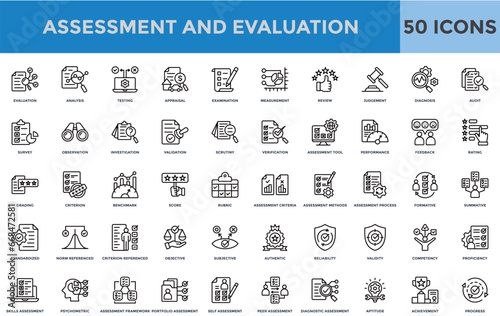 Assessment and Evaluation icons set. Analysis, testing, appraisal, and measurement. Linear icon collection. Editable stroke. Vector illustration