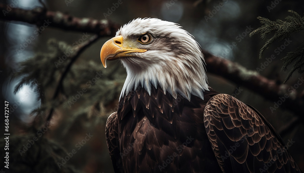 Fototapeta premium Majestic bird of prey perching on branch, talons in focus generated by AI