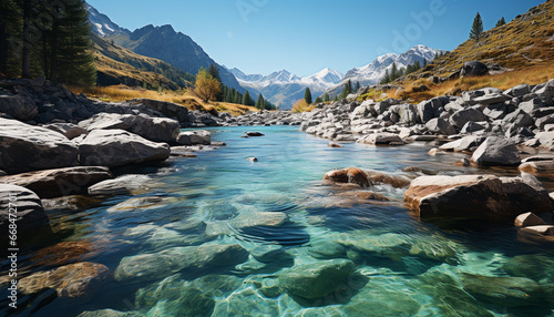 Majestic mountain range, tranquil scene, flowing water, green forest generated by AI