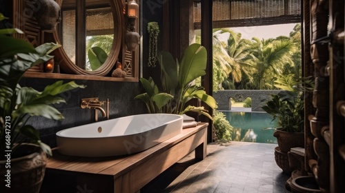 Semi out door bathroom of luxury villa, Accents of balinese, Wooden features.