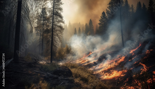 Burning forest, mystery in nature, spooky inferno, destroyed wilderness area generated by AI