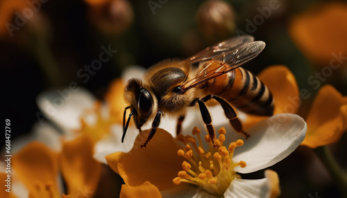 Busy honey bee collecting pollen from a yellow flower head generated by AI