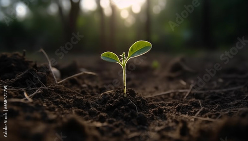 New life emerges from wet soil, a small sapling grows generated by AI
