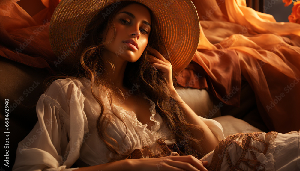 Young woman in fashionable dress enjoys serene summer outdoors generated by AI Young woman in fashionable dress enjoys serene summer outdoors generated by AI