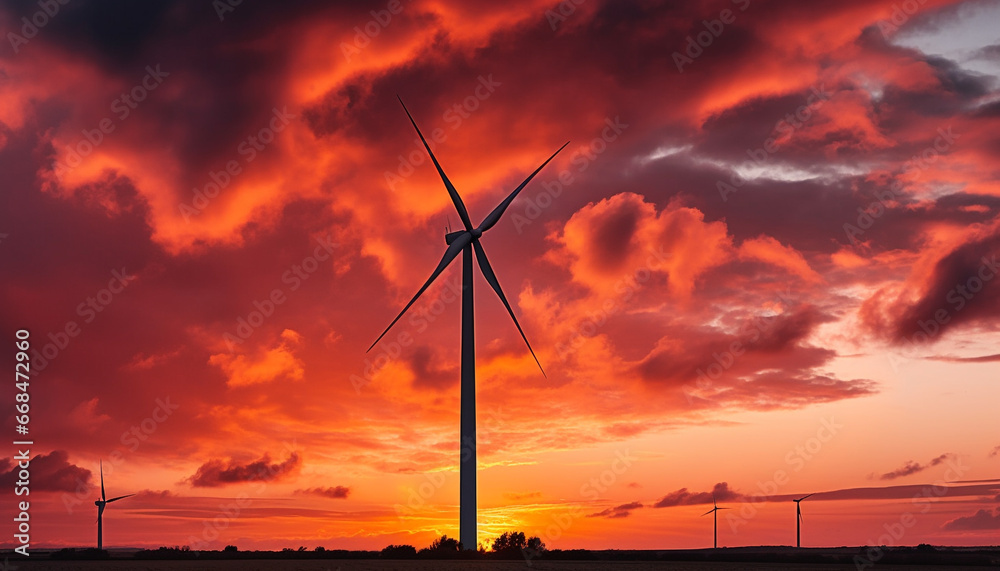 Silhouette of wind turbine spinning against moody sky at sunset generated by AI