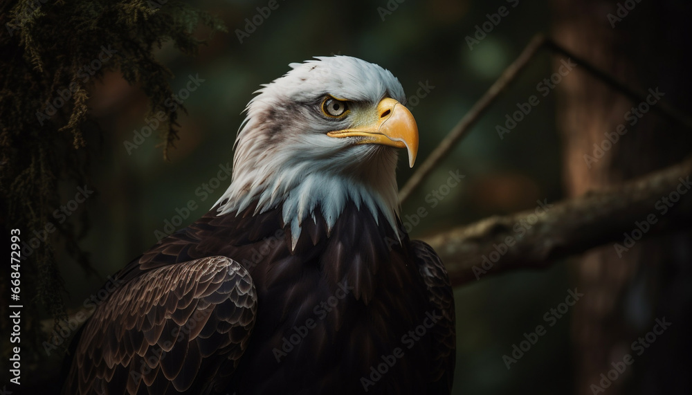 Majestic bird of prey perching on branch, talons in focus generated by AI Majestic bird of prey perching on branch, talons in focus generated by AI