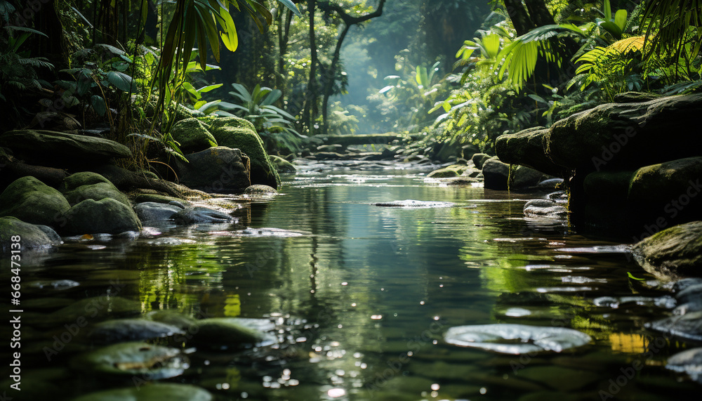 Tranquil scene tropical rainforest, flowing water, green foliage, wet rocks generated by AI
