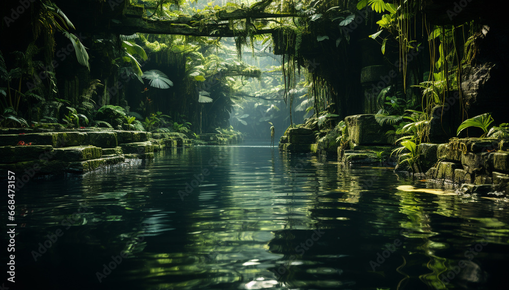 Tranquil scene green forest, flowing water, reflecting summer beauty generated by AI Tranquil scene green forest, flowing water, reflecting summer beauty generated by AI