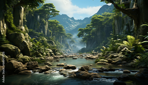 Majestic mountain peak  tranquil scene  flowing water  green landscape generated by AI