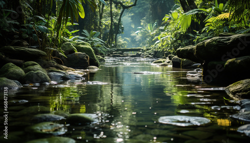 Tranquil scene tropical rainforest, flowing water, green foliage, wet rocks generated by AI