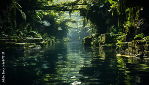 Tranquil scene green forest, flowing water, reflecting summer beauty generated by AI