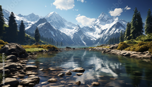 Majestic mountain peak reflects in tranquil water  nature beauty generated by AI