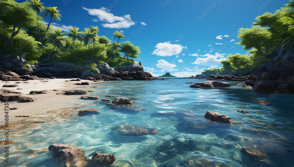 Idyllic summer sunset tranquil seascape, green forest, palm tree generated by AI