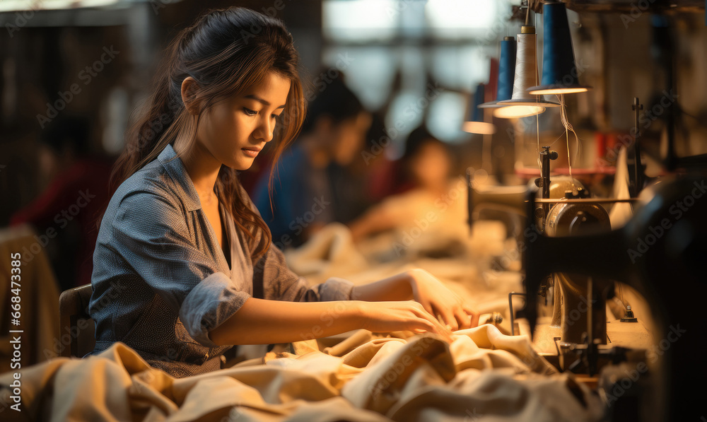 Asian poor garments worker women working on sewing machine at factory. Asian poor garments worker women working on sewing machine at factory.