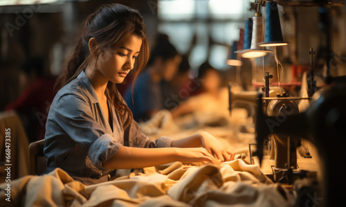 Wallpaper Mural Asian poor garments worker women working on sewing machine at factory. Torontodigital.ca