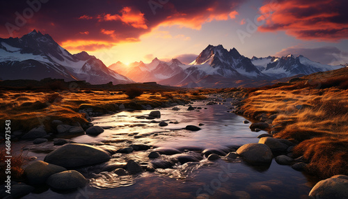 Majestic mountain peak reflects tranquil sunset on water generated by AI © Jemastock