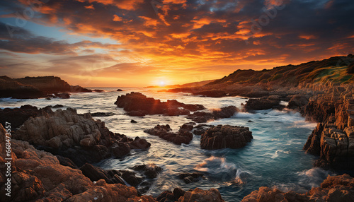 Sunset over the tranquil coastline  waves crash against rocky cliffs generated by AI