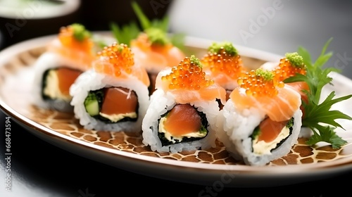 Salmon and caviar rolls served on a plate