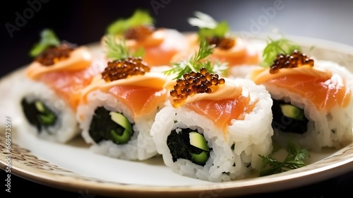 Salmon and caviar rolls served on a plate