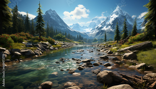 Majestic mountain peak reflects in tranquil pond, showcasing nature beauty generated by AI