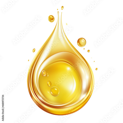 Oil drop isolated on a transparent background, Con of gold liquid drop like oil, Gasoline or vitamins from droplet, Serum droplet with air bubbles. Generative AI photo