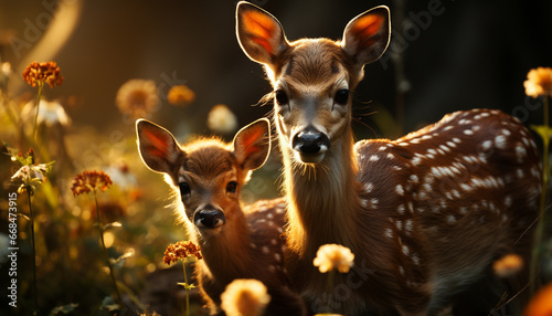 Cute deer family standing together, looking at camera in meadow generated by AI