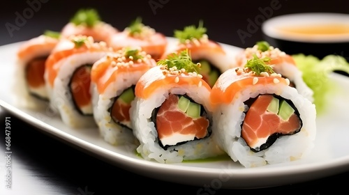 Salmon and caviar rolls served on a plate