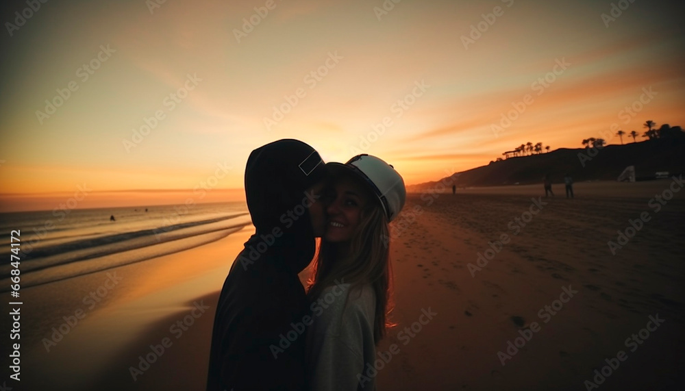A couple embraces, smiling, enjoying sunset on the beach together generated by AI