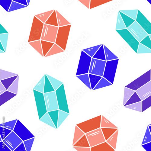 Seamless pattern with precious stones isolated in white background. Separate colorful crystals.