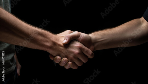 Businessmen shaking hands in a black background, symbolizing success and cooperation generated by AI