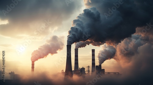 Factory chimney pipes emit hot smoke or air pollution vapors. Global warming concept photo