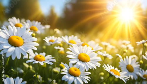 realistic Idyllic daisy bloom in spring summer autumn season with yellow sun ray in evening or morning © Rathnayakamudalige