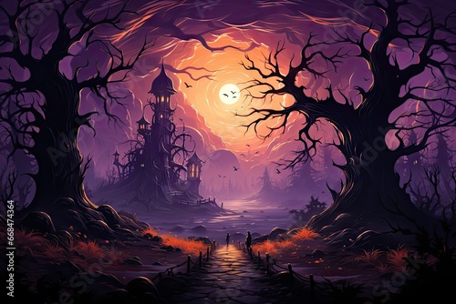 full moon Mysterious and haunted dark forest with purple smoky Halloween background, purple mist, full moon over the haunted forest by generative ai.