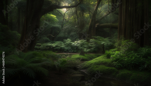 Mysterious tropical rainforest, tranquil scene, ancient tree, wet foliage, serene pond generated by AI