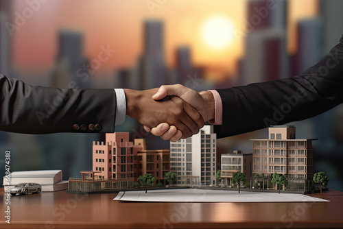 two businessmen shaking hands at a table with model houses