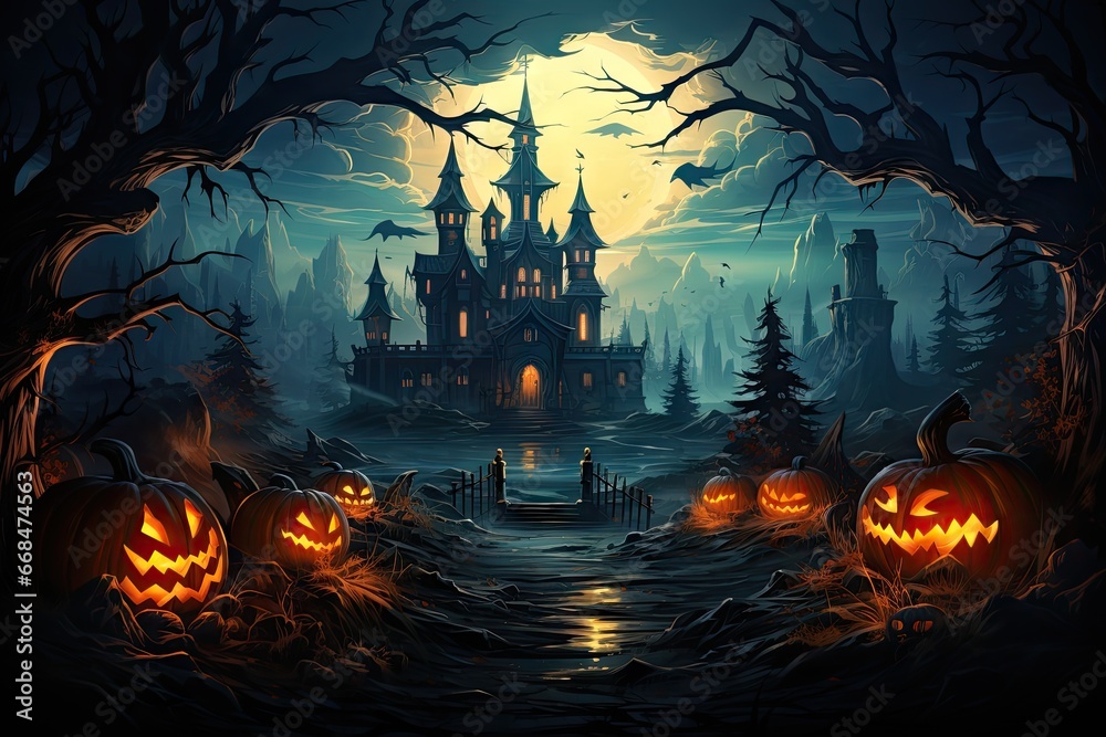Halloween moon night Perspective of Halloween abandoned castle, orange-red sky, bat, cute scary pumpkin face, boo, cemetery, four scary trees, spider web, Halloween concept by Generative AI - obrazy, fototapety, plakaty 