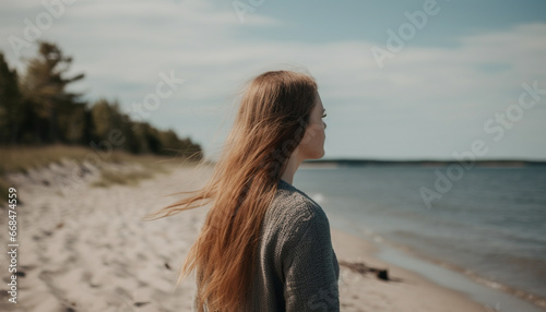Young woman enjoying the beauty of nature outdoors by the water generated by AI