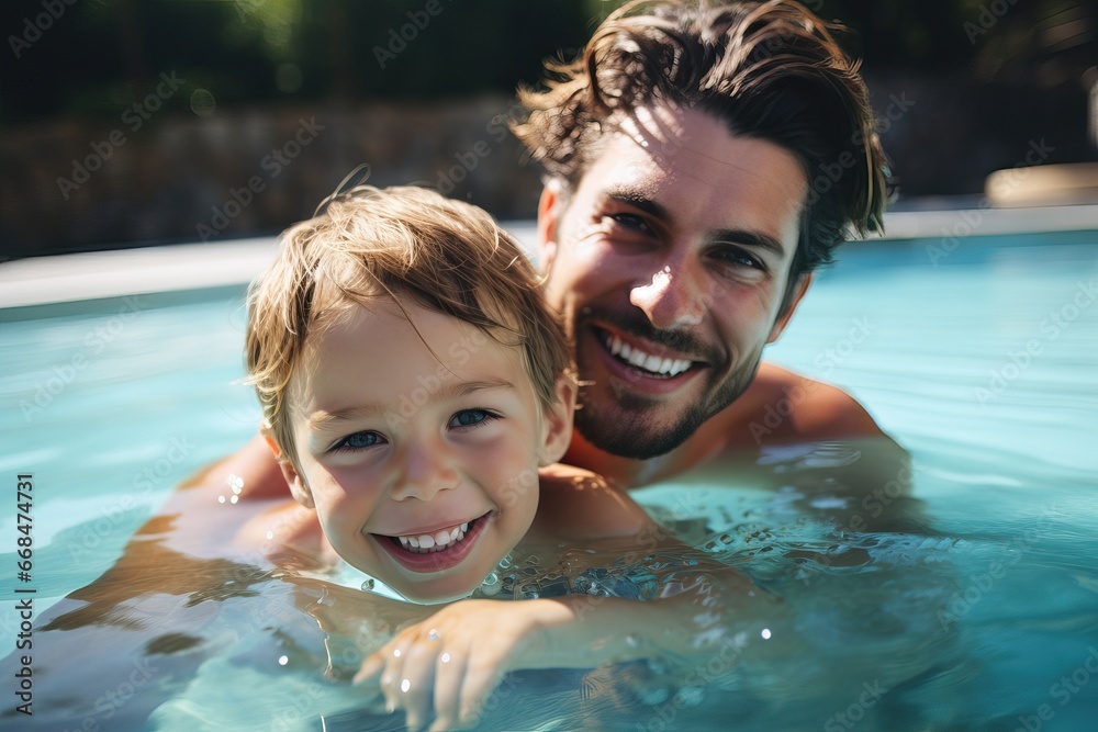 close-up Happy mothers with young son swim in a pool of warm clear water on vacation. Satisfied child learns to swim with his mother in the pool