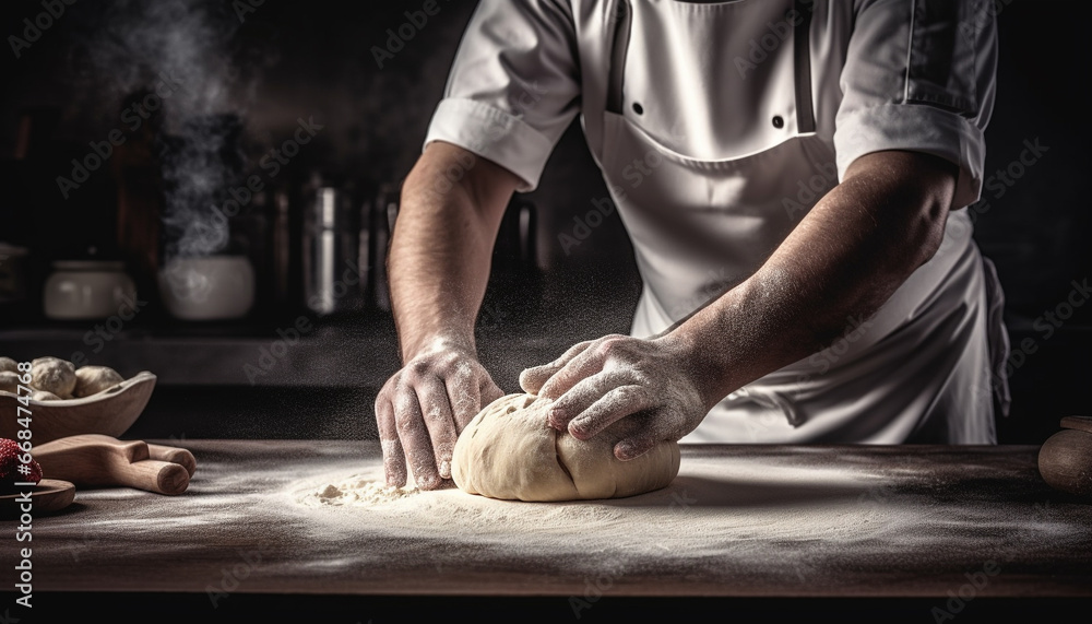 A man kneading dough on a table in a homemade kitchen generated by AI A man kneading dough on a table in a homemade kitchen generated by AI