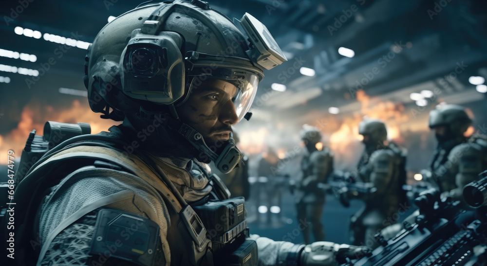 Soldier in Futuristic battlefield in the middle of demolished city. Soldier in Futuristic battlefield in the middle of demolished city.